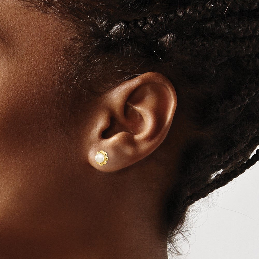14k Madi K 4-5mm White Button Freshwater Cultured Pearl Flower Post Earrings with Silicone Backs
