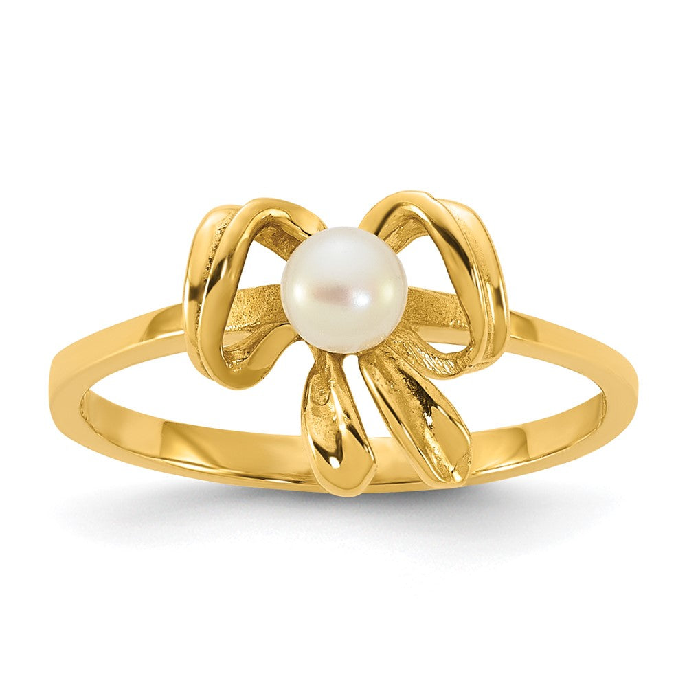 14k Madi K Polished 3-4mm Button White Freshwater Cultured Pearl Bow Size 4 Childrens Ring
