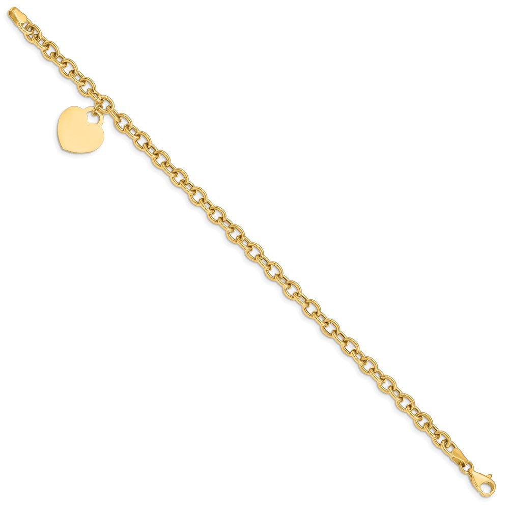 14K Engravable 18x15mm Solid Dangle Heart Charm and Hollow Chain 8.25 inch Bracelet