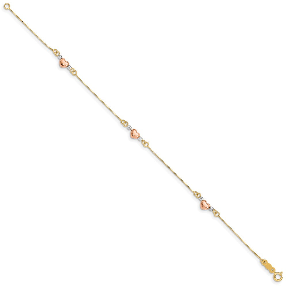 14K Tri-Color Puffed Heart 3-Station 7.25 inch Bracelet
