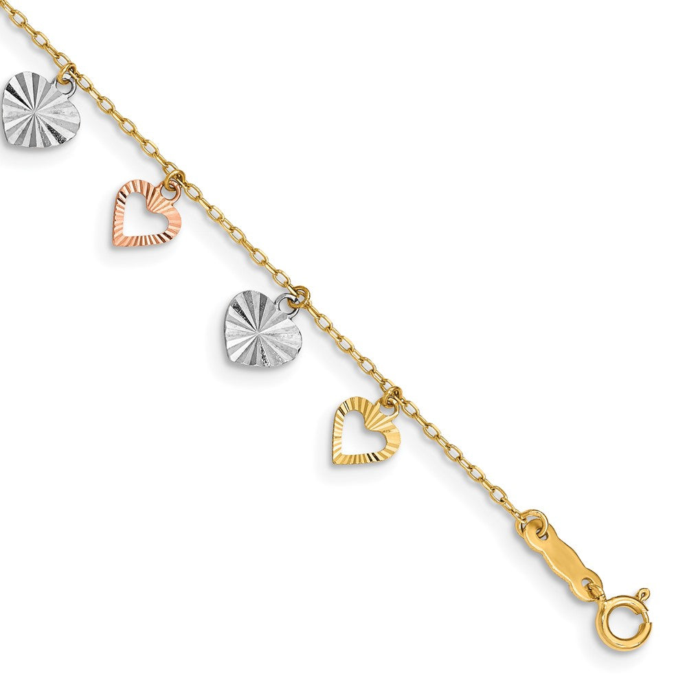 Polished;14K Tri-color;Spring Ring;Textured;Dangle;Heart