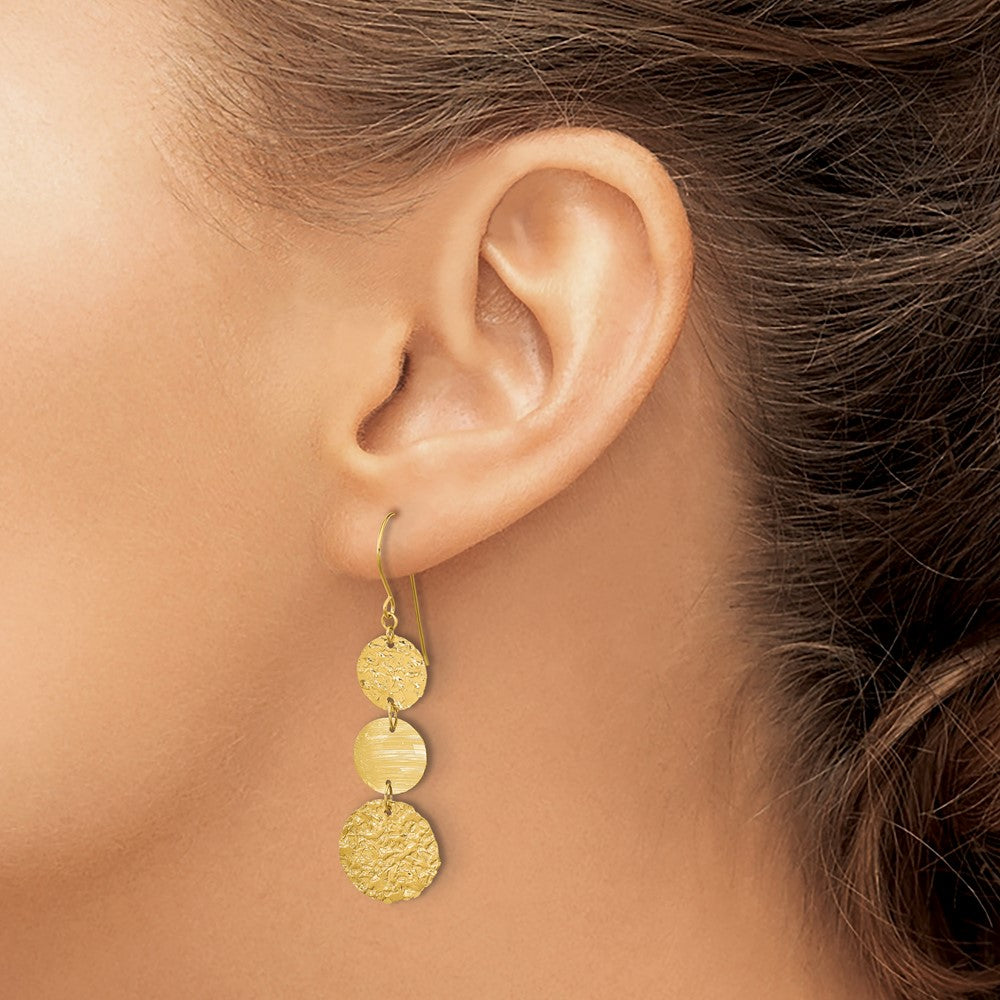 14K Polished and Textured 3-Tier Circle Drop Shepherd Hook Dangle Earrings
