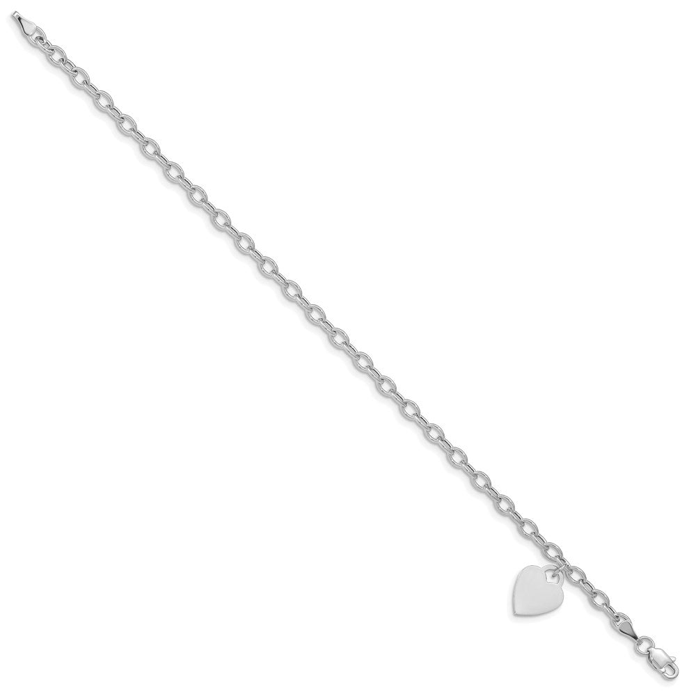 14k White Gold Engravable 14x10mm Solid Dangle Heart Charm and Hollow Chain 8.5 inch Bracelet
