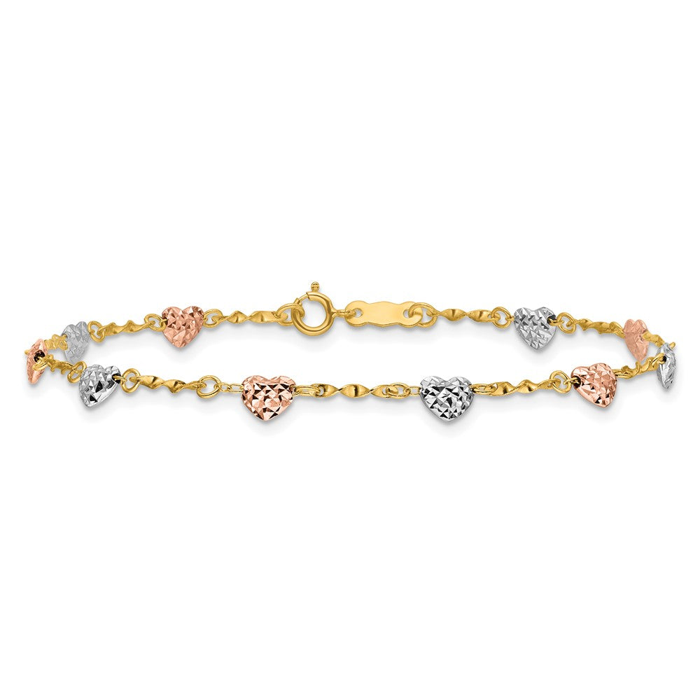 14k Tri-color Diamond-cut Puffed Heart 8 inch Bracelet