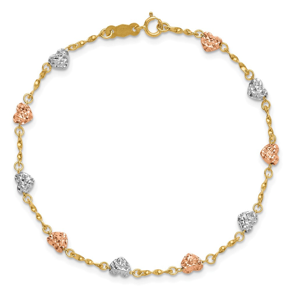 14k Tri-color Puff Heart Bracelet