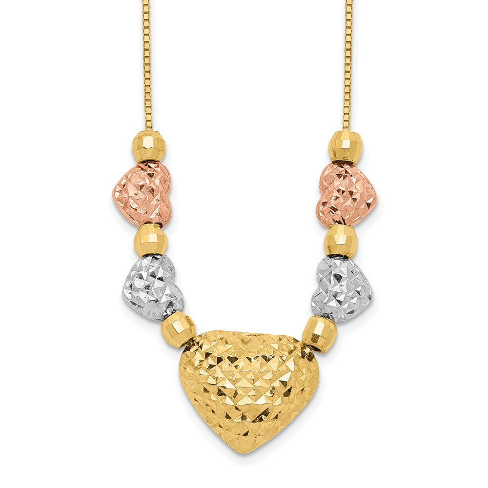 Polished;14K Tri-color;Hollow;Spring Ring;Textured;18in chain;Heart;Diamond Cut