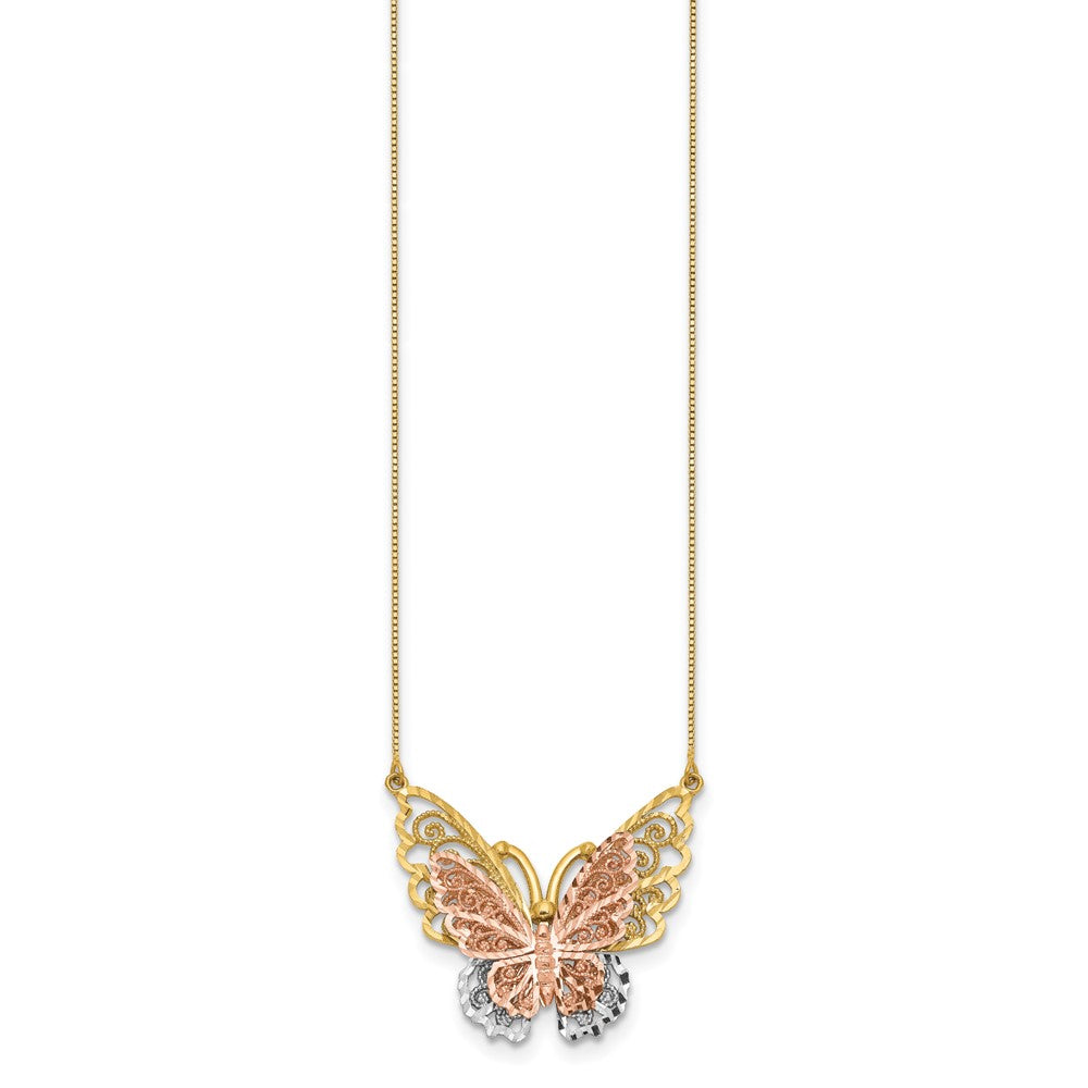 14k Yellow and Rose Gold with White Rhodium Large Filigree Butterfly 18 inch Necklace