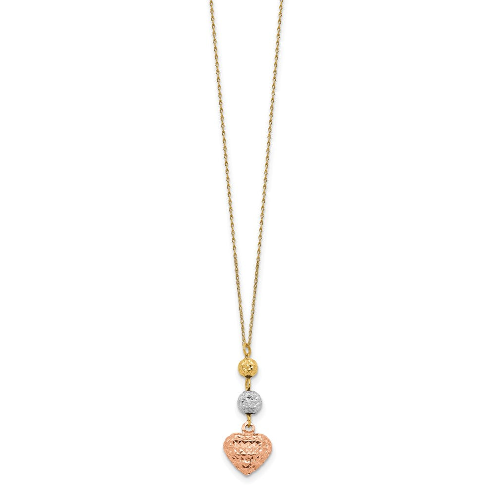 14K Tri-color Diamond-cut Beads and Puffed Heart 16 inch Necklace Plus 2 inch Extender