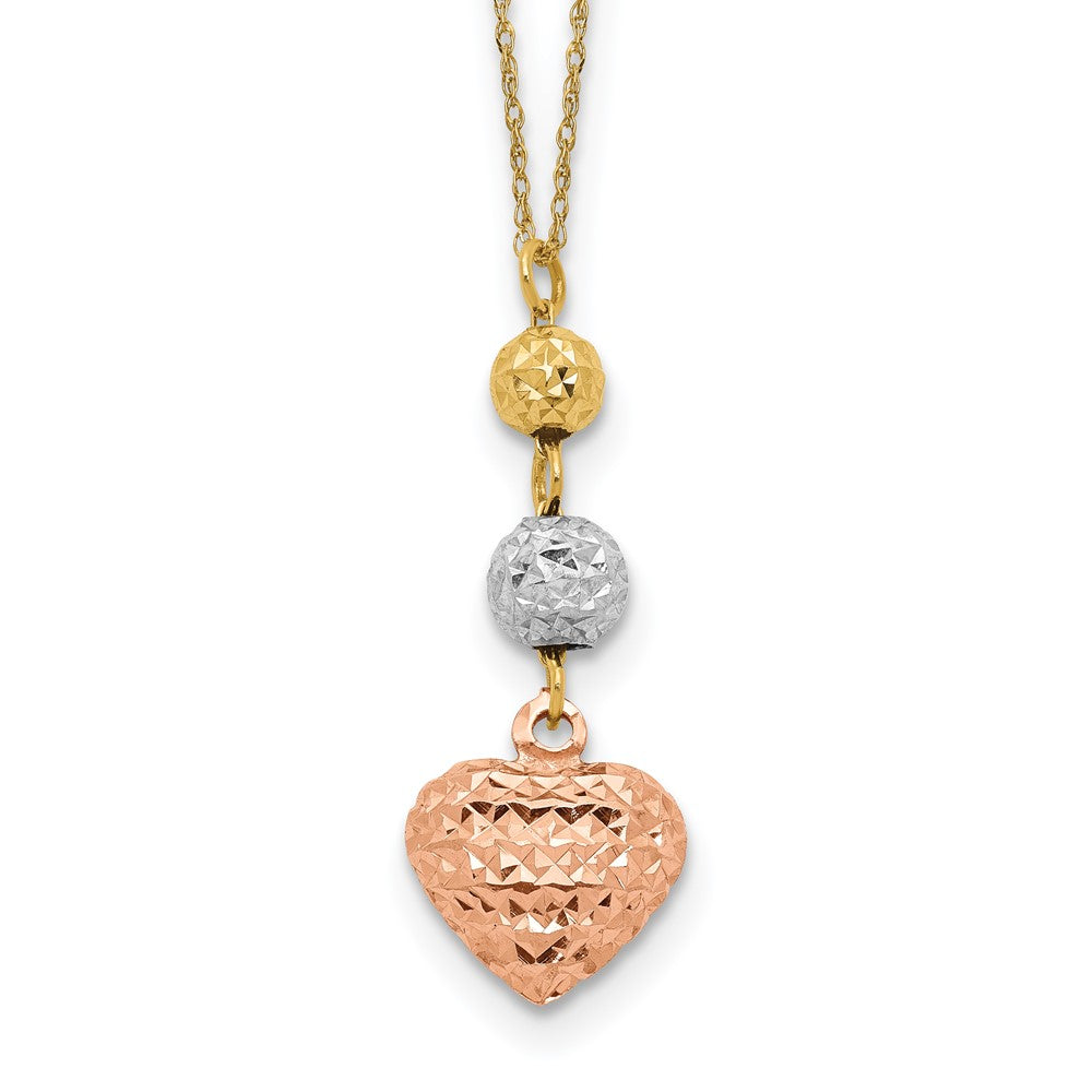 Polished;14K Tri-color;Spring Ring;2in extension;Heart;Diamond Cut