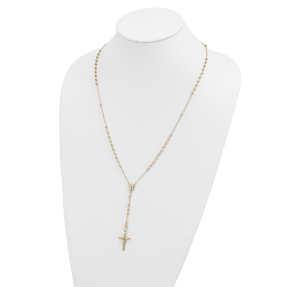 14k Polished Crucifix and Miraculous Medal with 3mm Mirror Beads Semi-solid 24 inch Rosary Necklace