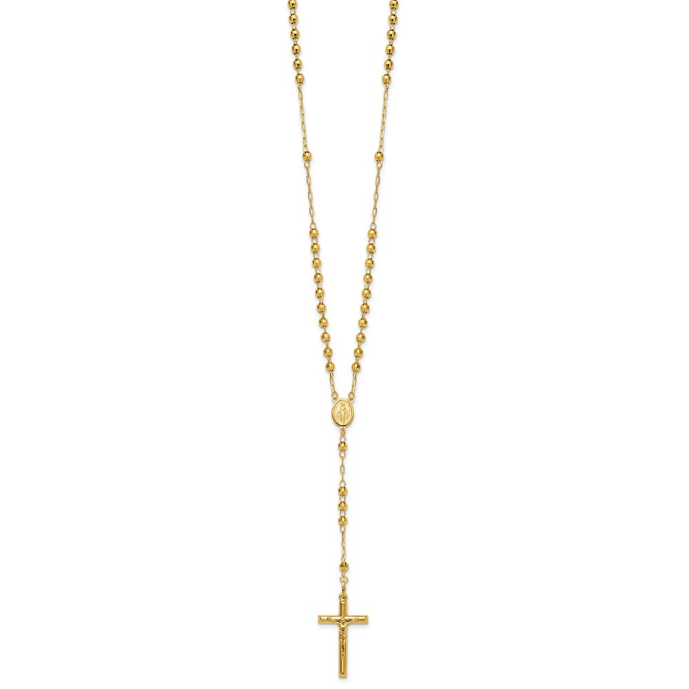 14k Polished Crucifix and Miraculous Medal with 4mm Mirror Beads Semi-solid 24 inch Rosary Necklace