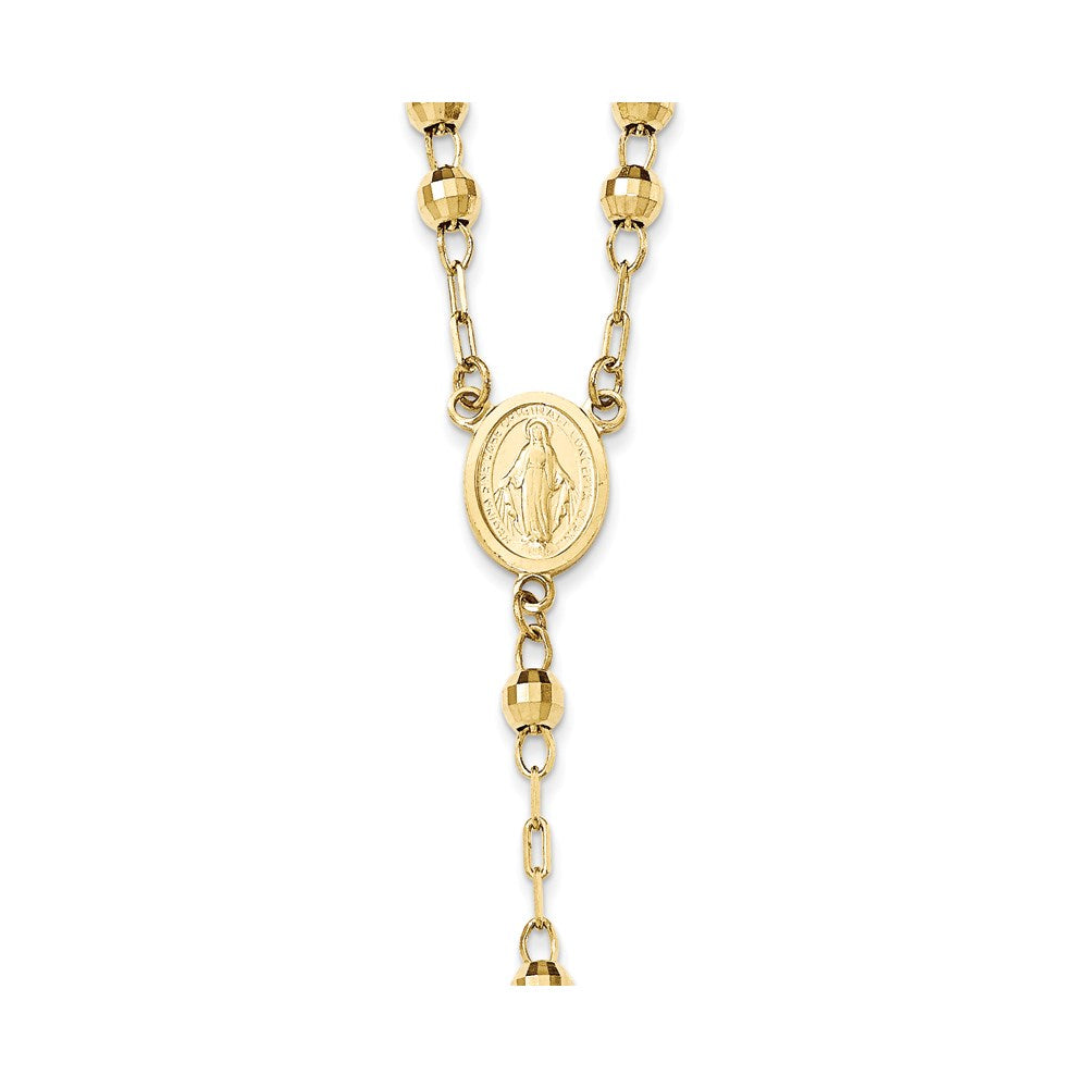 14k Polished Crucifix and Miraculous Medal with 4mm Mirror Beads Semi-solid 24 inch Rosary Necklace