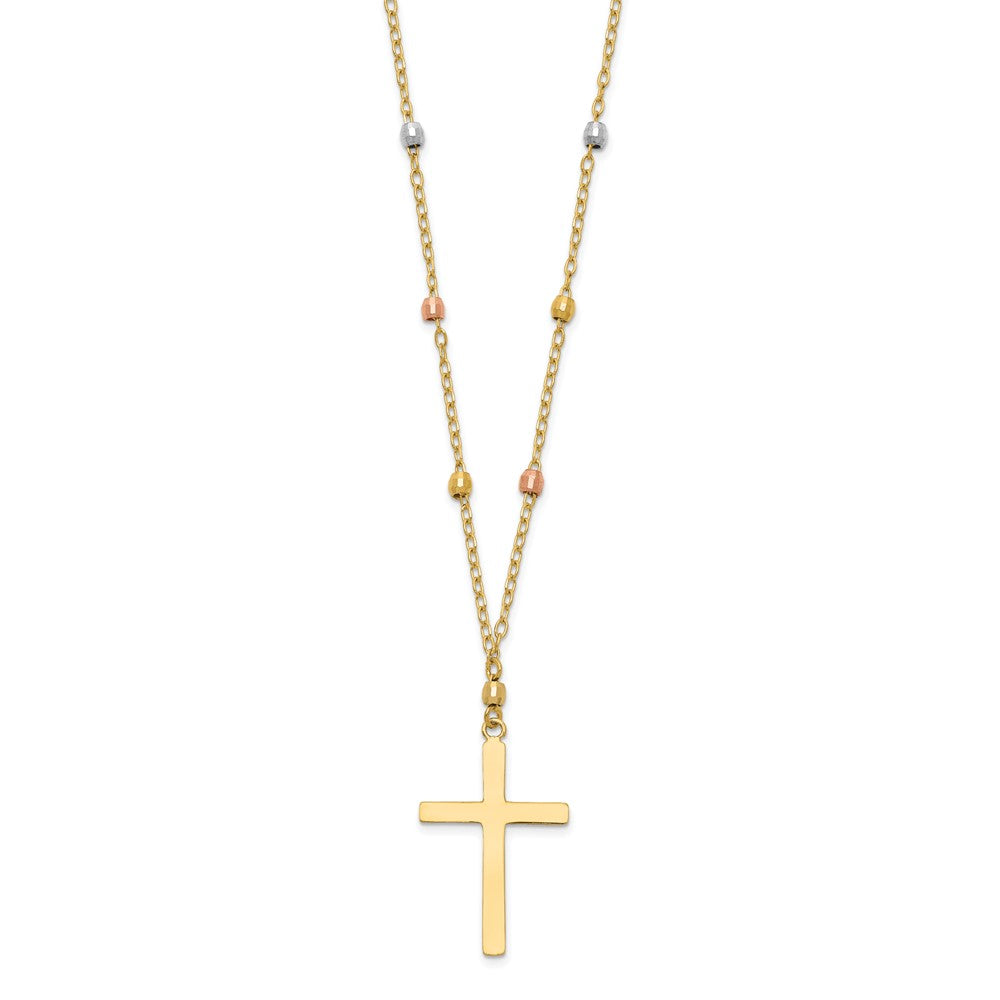 14K Tri-color Mirror Beaded Chain with Polished Cross Pendant 18 inch Necklace