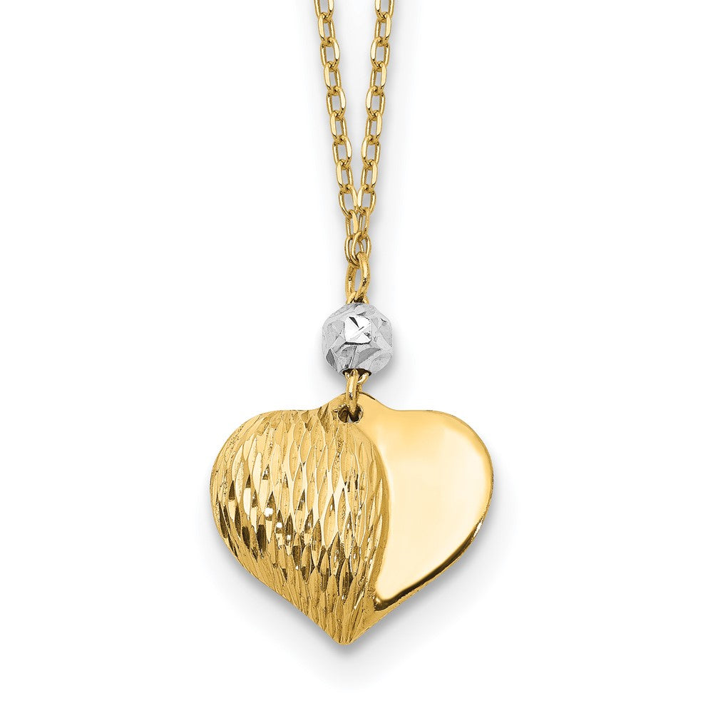 Polished;14K Two-tone;Spring Ring;Dangle;18in chain;Heart;Diamond Cut