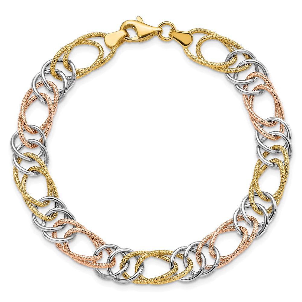14k Tri-color Polished and Textured 8.5mm Fancy Double Link 7.25 inch Bracelet