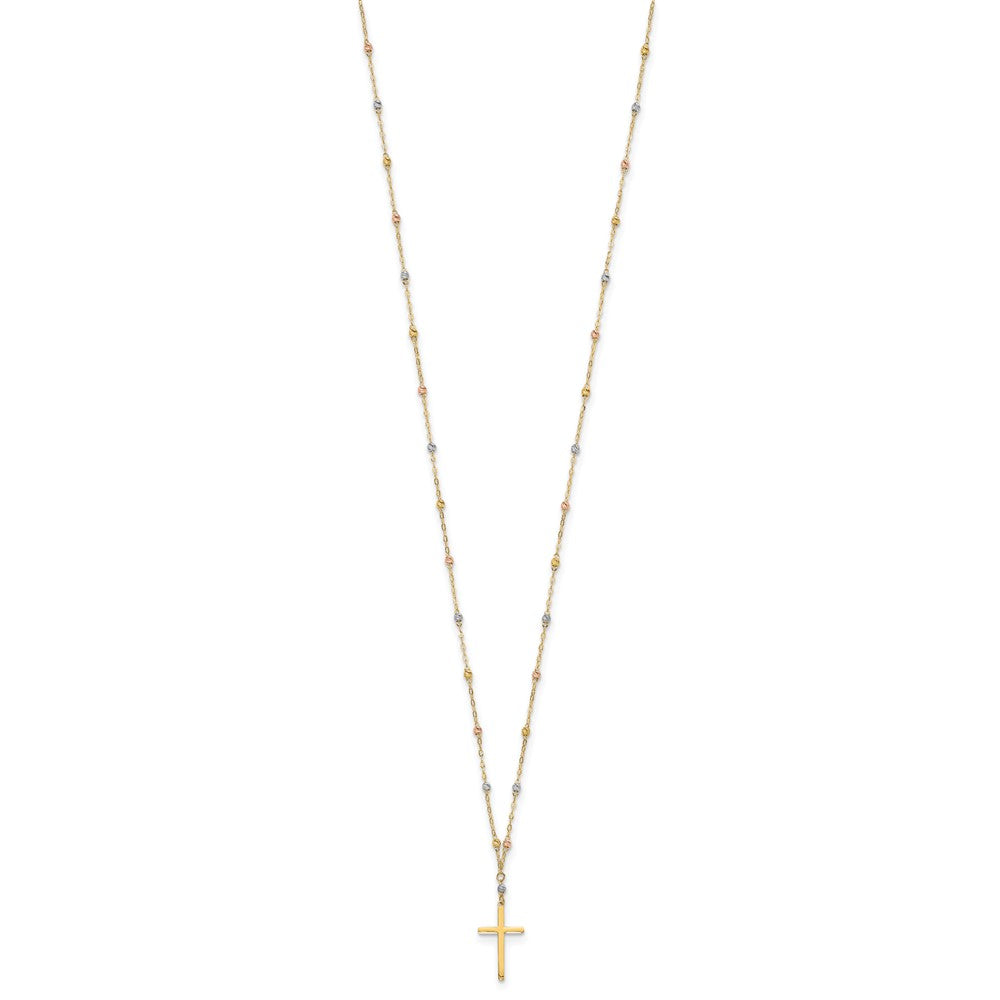 14k Tri-color Diamond-cut Beaded Chain with Polished Cross Pendant 17 inch Necklace