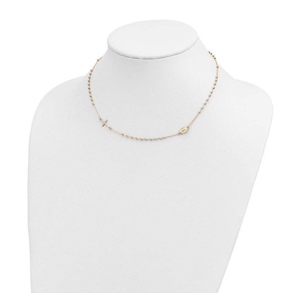 14k Polished Cross and Miraculous Medal Beaded Rosary Design 16 inch Necklace