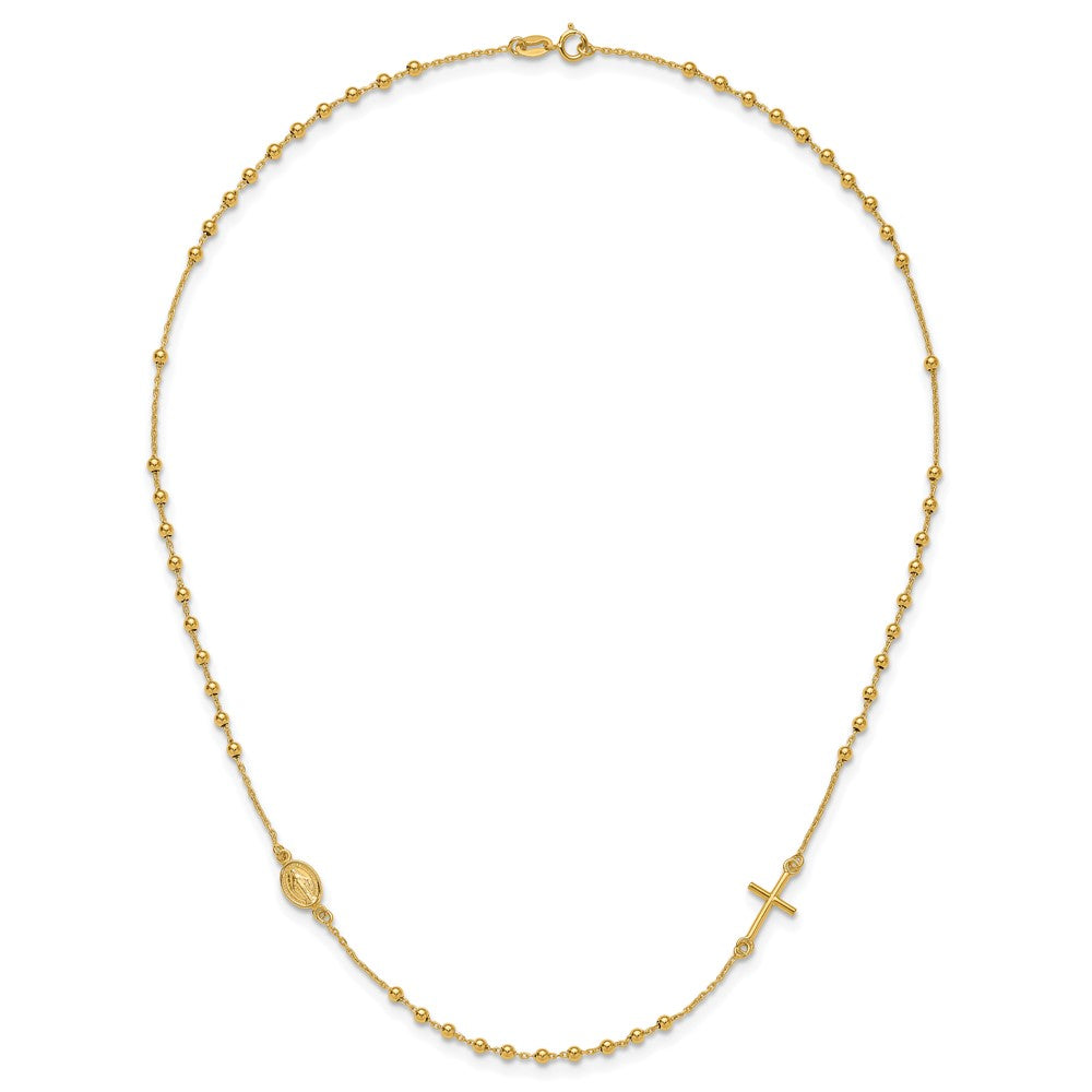 14k Polished Cross and Miraculous Medal Beaded Rosary Design 16 inch Necklace