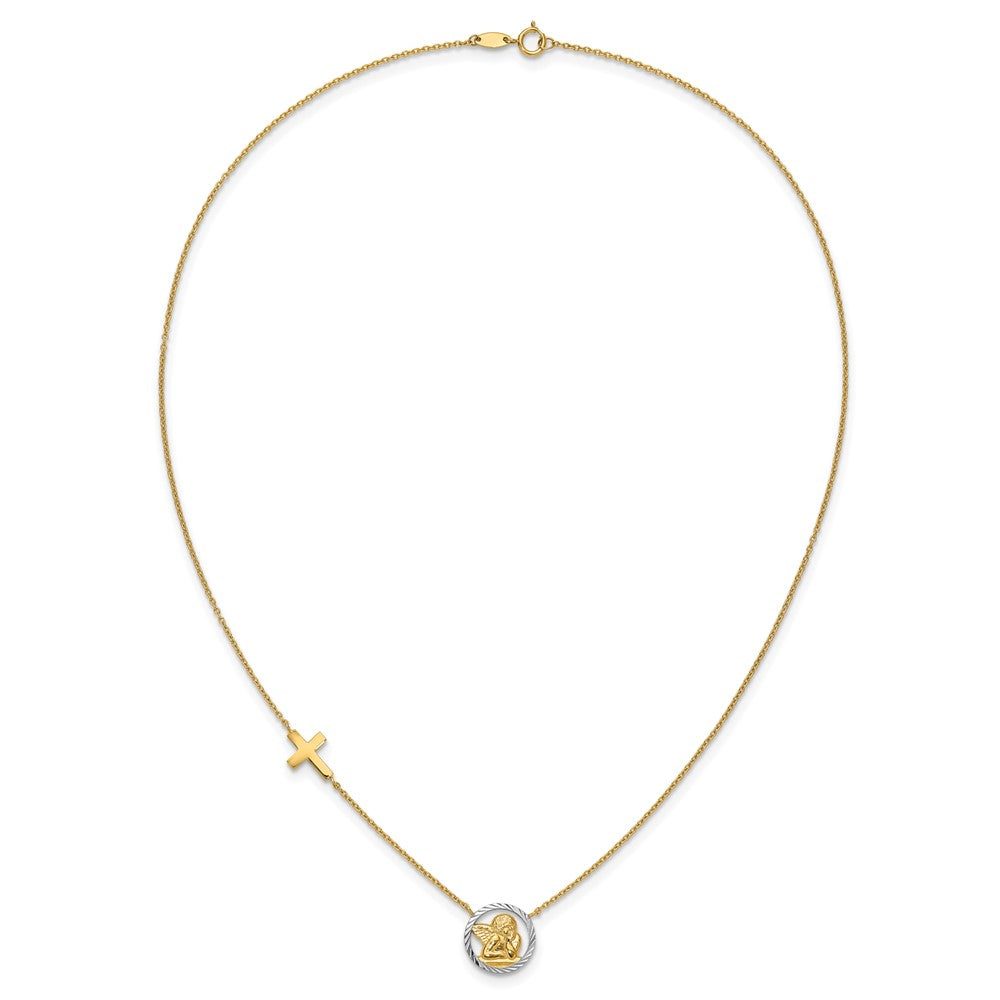 14k and White Rhodium Diamond-cut Angel and Cross 17 inch Necklace
