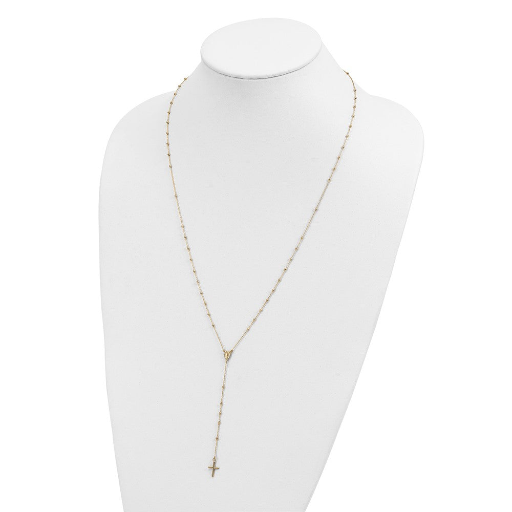 14k Polished Cross and Miraculous Medal Beaded 24 inch Rosary Necklace