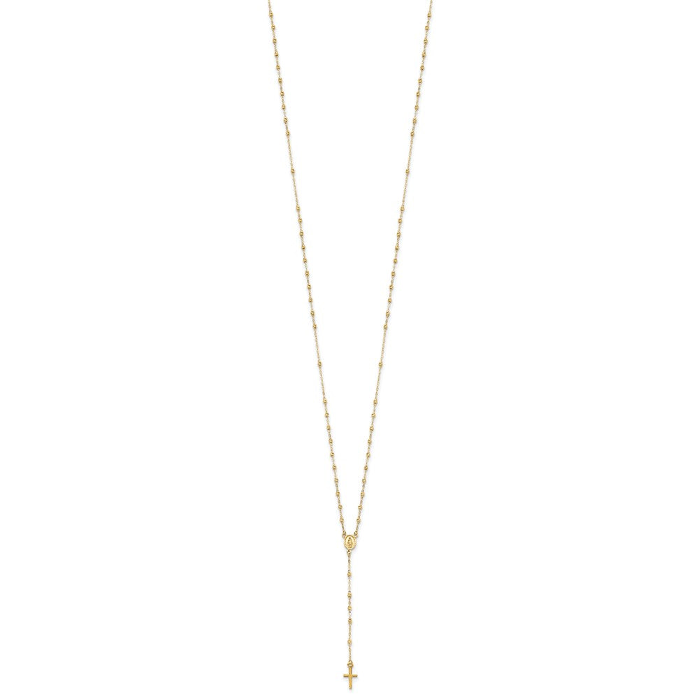 14k Polished Cross and Miraculous Medal with Diamond-cut Beads 17 inch Rosary Necklace Plus 3 inch Extender