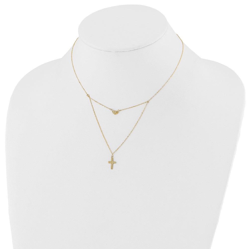 14k Polished 2-Strand Diamond-cut Cross and Heart 16 inch Necklace Plus 2 inch Extender