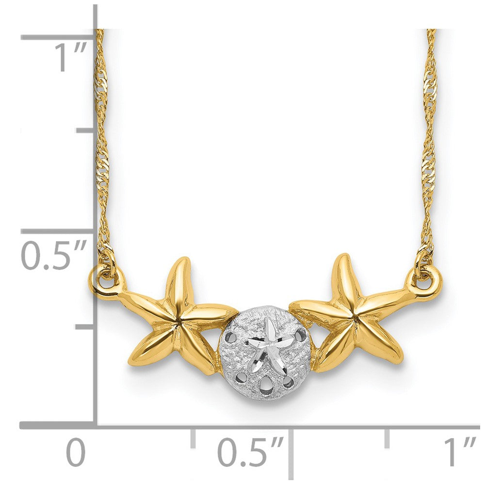 14K with White Rhodium Brushed and Polished Sand Dollar and Starfish 18 inch Necklace