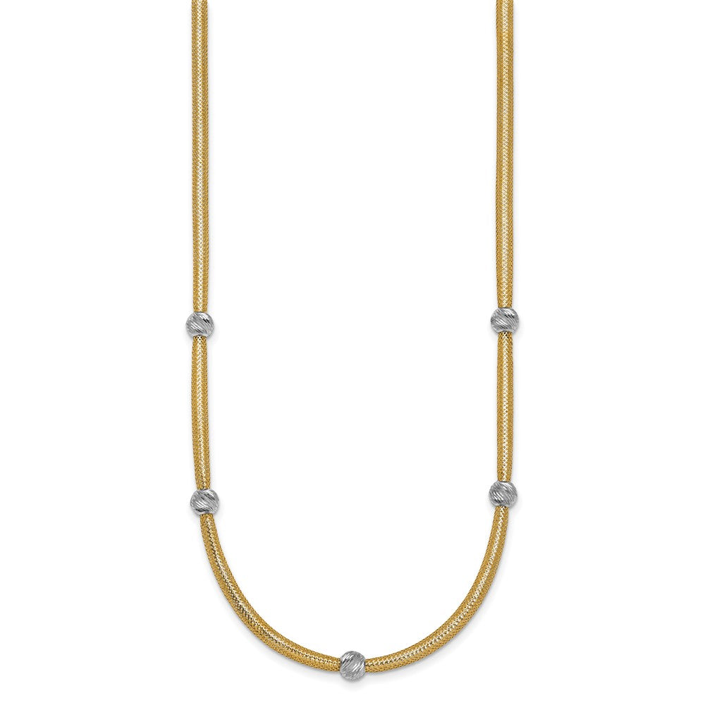 14k Polished with Rhodium 5-Station Diamond-cut Beads 4mm Flexible Mesh 18 inch Necklace