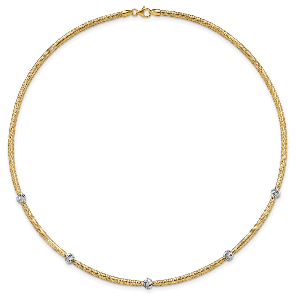 14k Polished with Rhodium 5-Station Diamond-cut Beads 4mm Flexible Mesh 18 inch Necklace