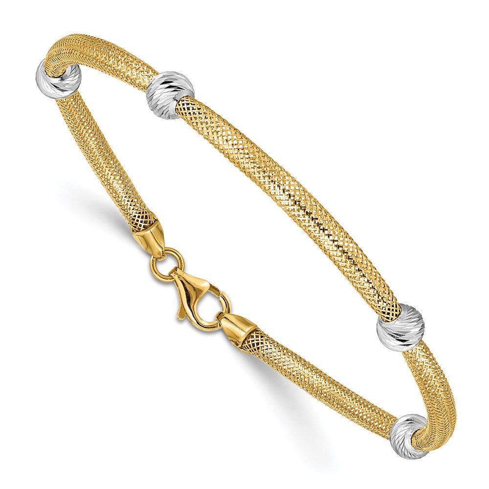 14K with White Rhodium Diamond-cut Moveable Beads Mesh Stretch 7.5 inch Bracelet