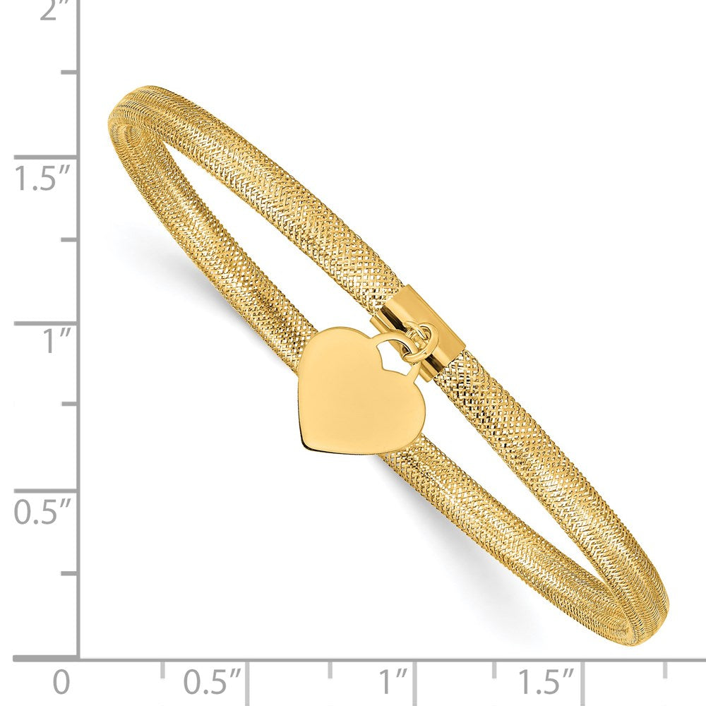 14K 4mm Heart Dangle Woven Mesh Slip-on Stretch Bracelet