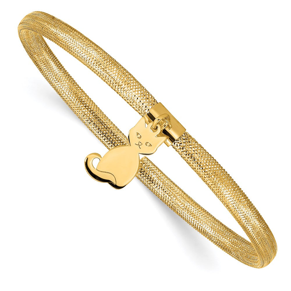 14K 4mm Cat Dangle Woven Mesh Slip-on Stretch Bracelet