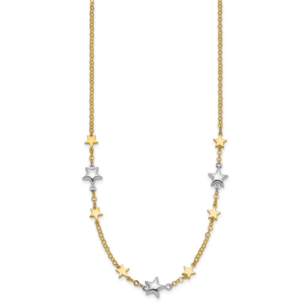 14K Two-Tone Polished Puffed and Flat Stars 17 inch Necklace Plus 1 inch Extender