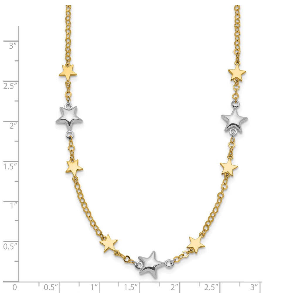 14K Two-Tone Polished Puffed and Flat Stars 17 inch Necklace Plus 1 inch Extender