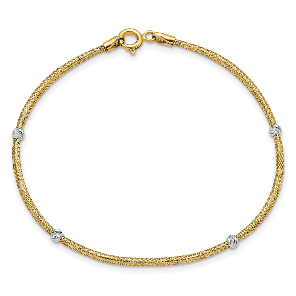 14K with White Rhodium Woven Flexible Diamond-cut Moveable Beads 7.25 inch Bracelet