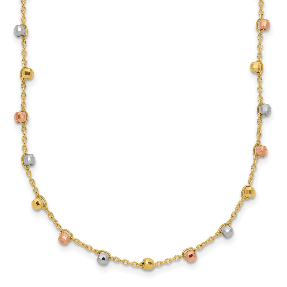 14K Tri-color Polished Diamond-cut Fancy Beaded 18 inch Necklace