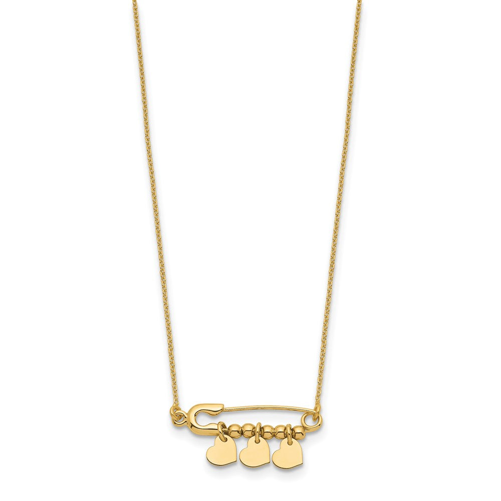 14K Safety Pin with Three Dangle Hearts and Beads 17 inch Necklace