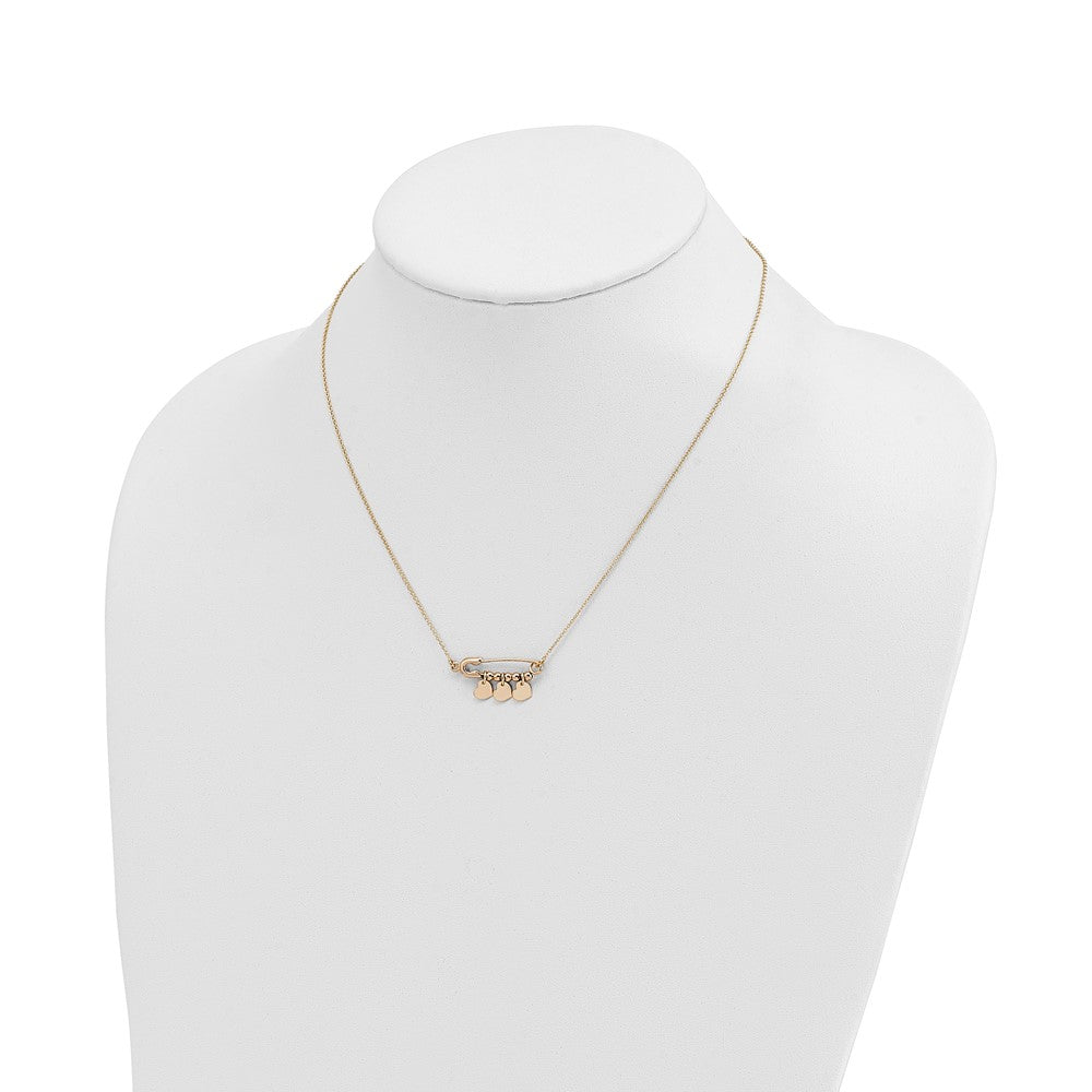 14K Safety Pin with Three Dangle Hearts and Beads 17 inch Necklace
