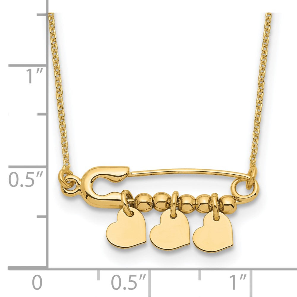 14K Safety Pin with Three Dangle Hearts and Beads 17 inch Necklace