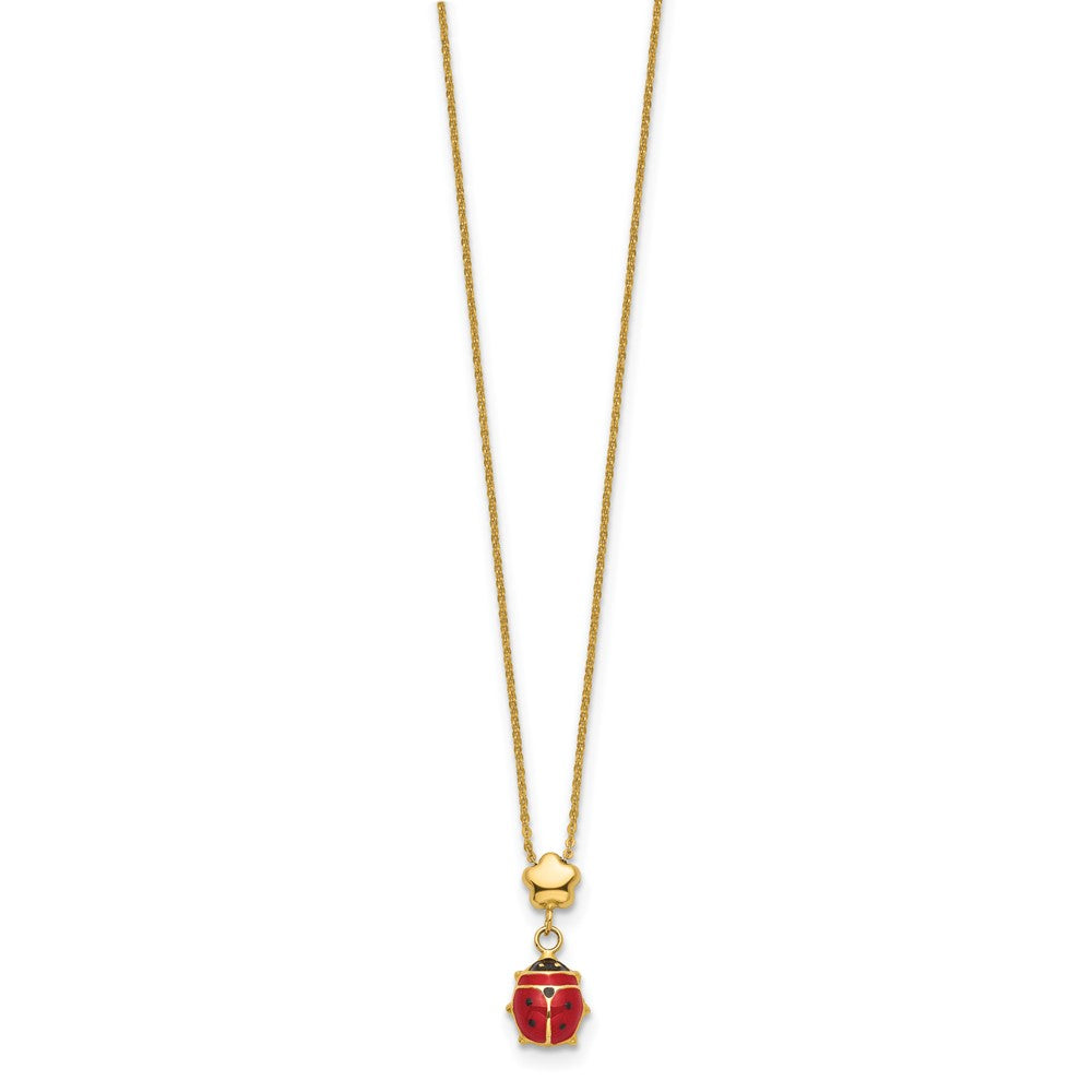 14k Polished Red and Black Enameled Ladybug with Flower Bead 16.5 inch Necklace