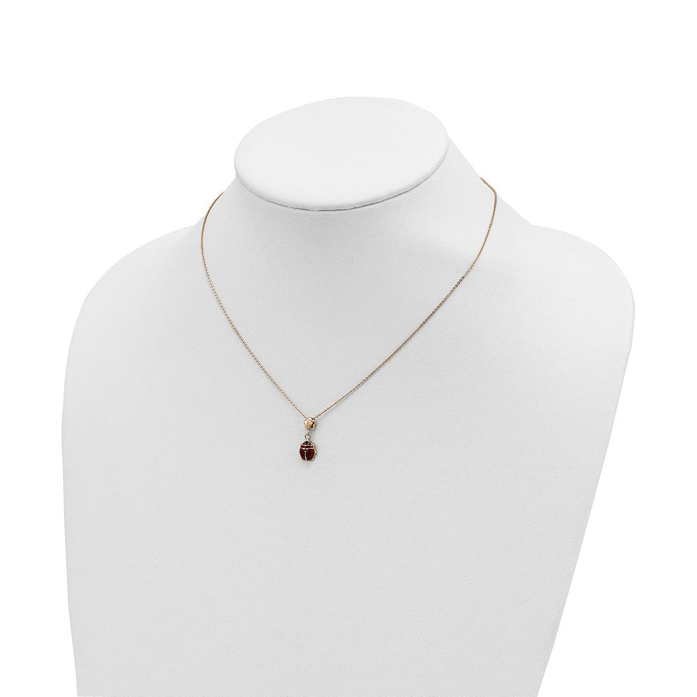 14k Polished Red and Black Enameled Ladybug with Flower Bead 16.5 inch Necklace