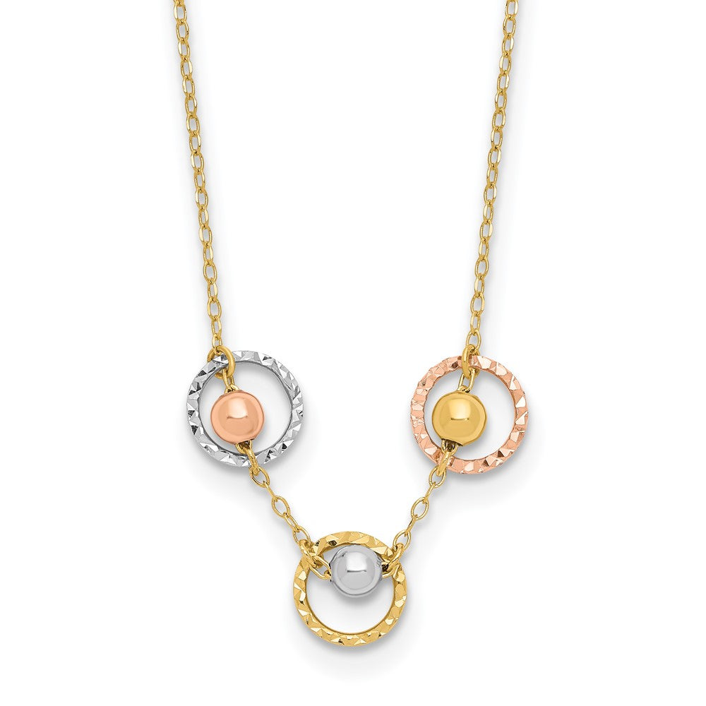 14K Tri-color Polished Beads in Three Diamond-cut Circles 18 inch Necklace