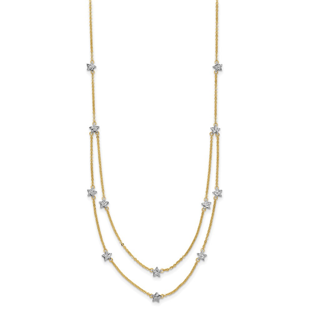 14K Two-tone Double Chain Textured Stars 18 inch Necklace