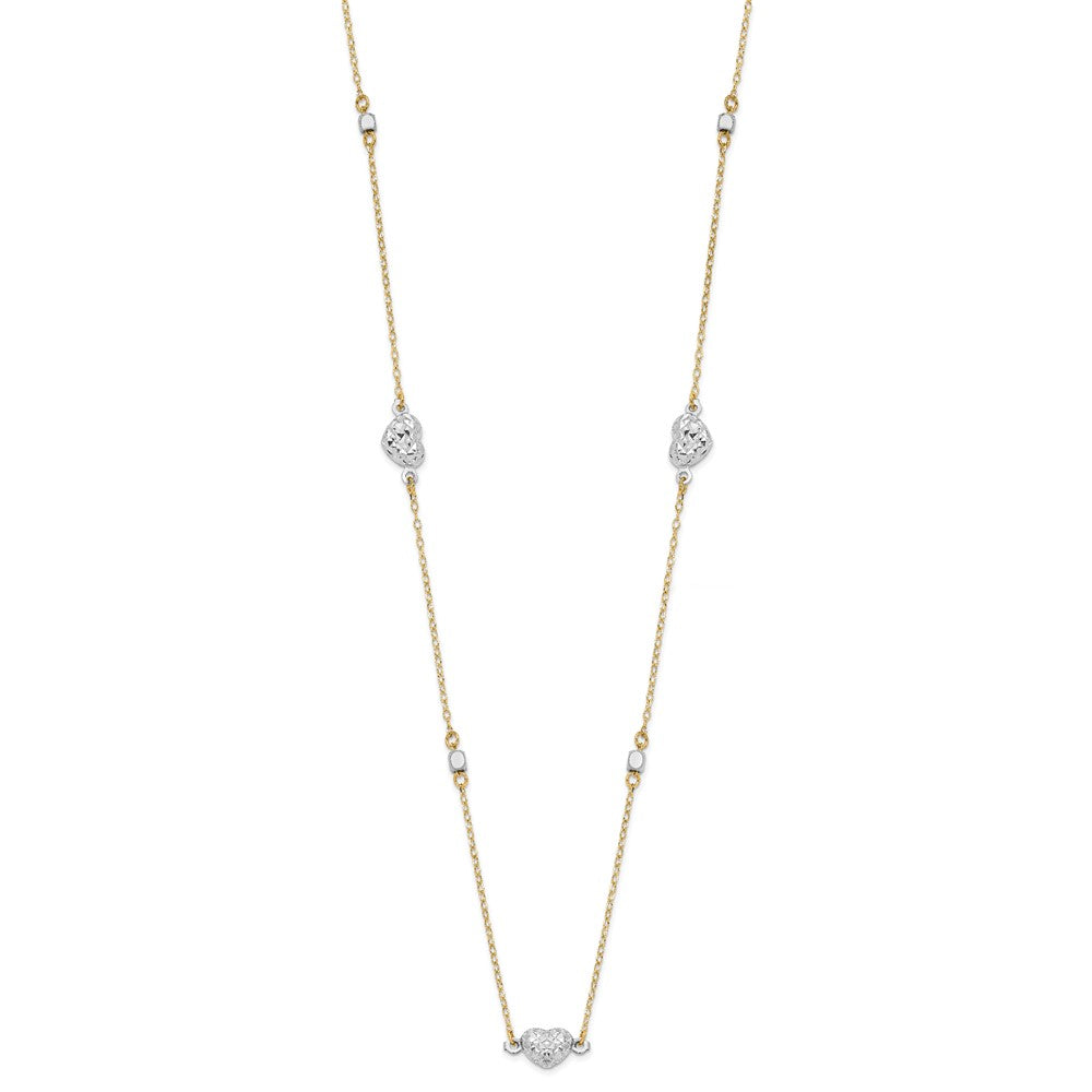 14K Two Tone Polished Diamond-cut Puffed Hearts and Beads 18 inch Necklace
