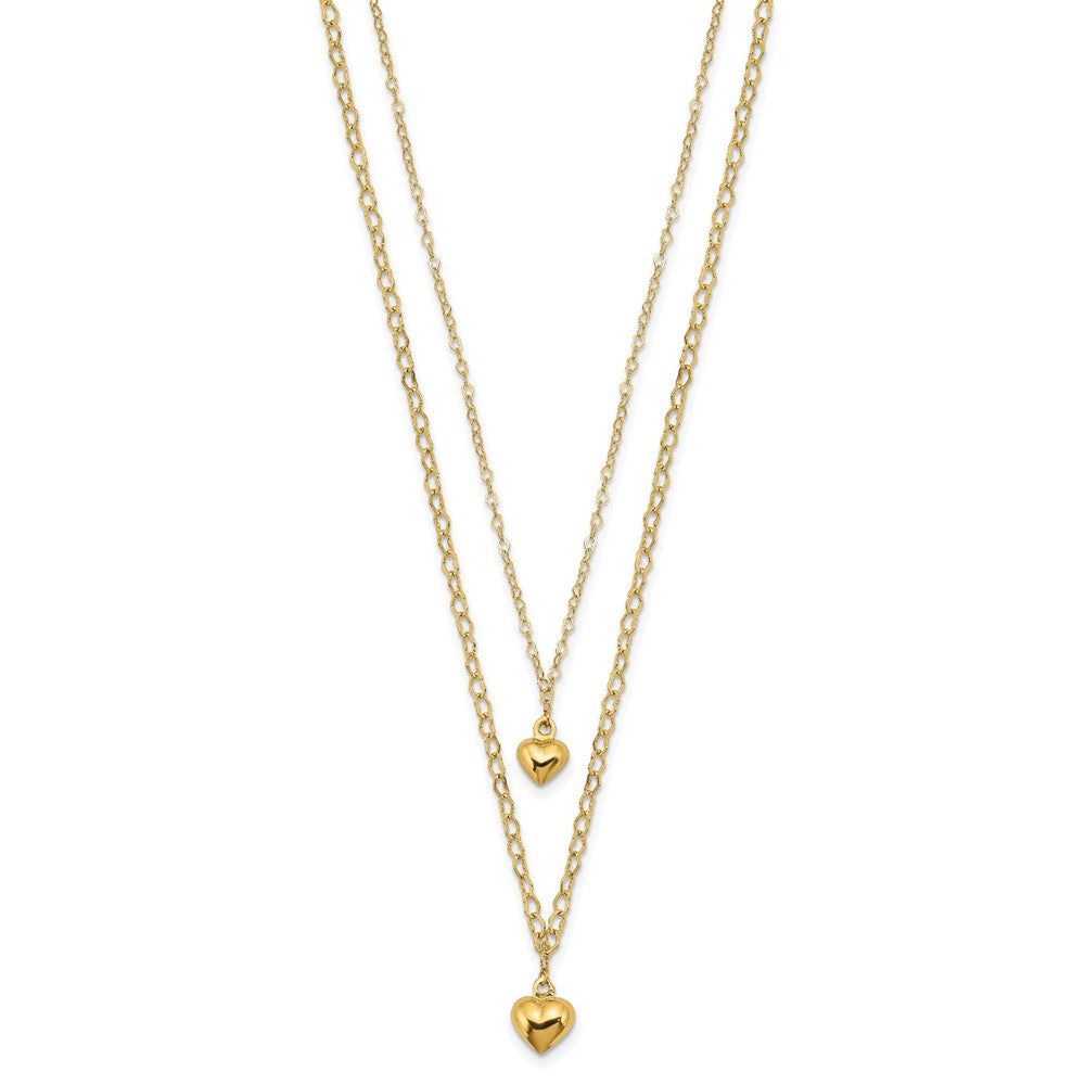 14K Double Layer Heart Link with Polished Puffed Hearts 16 inch Necklace Plus 2 inch Extender