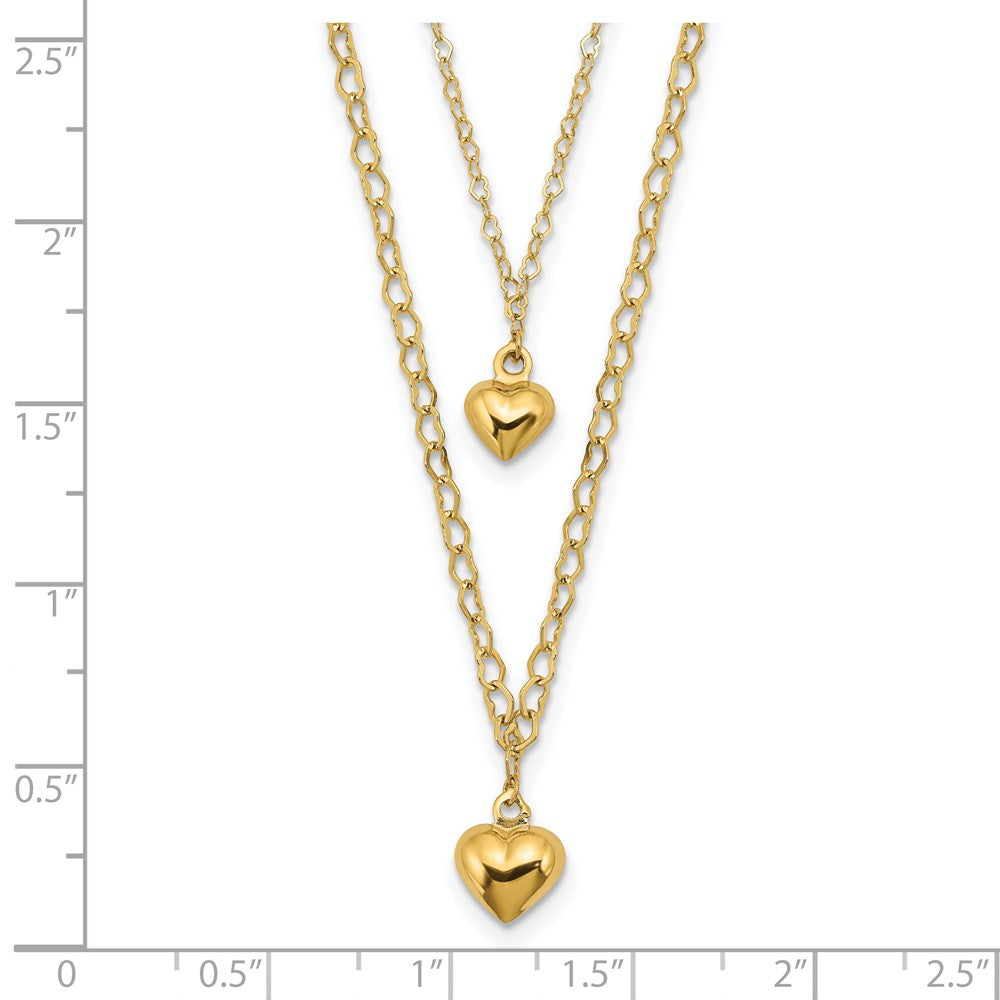 14K Double Layer Heart Link with Polished Puffed Hearts 16 inch Necklace Plus 2 inch Extender