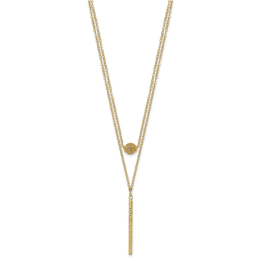 14K Double Layer Hollow Filigree Bead and Diamond-cut Bar 16 inch Necklace Plus 2 inch Extender