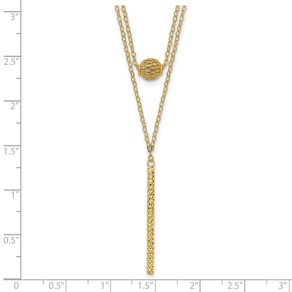 14K Double Layer Hollow Filigree Bead and Diamond-cut Bar 16 inch Necklace Plus 2 inch Extender
