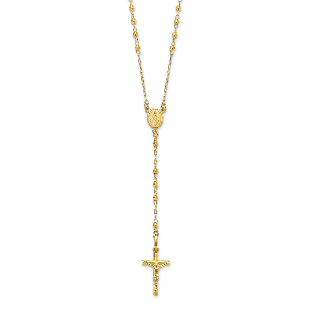 14K Polished Crucifix and Miraculous Medal with Faceted Beads 24 inch Rosary Necklace