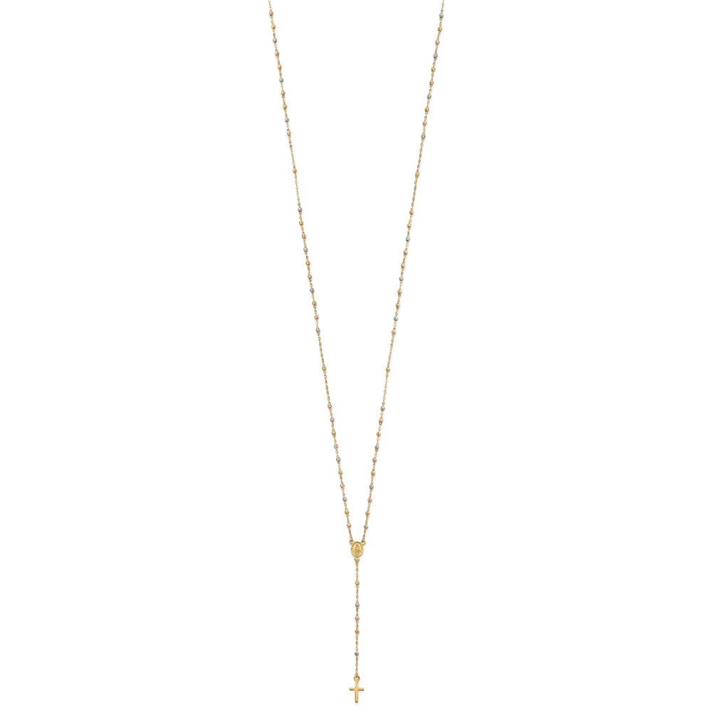 14k Tri-color Cross and Miraculous Medal with Laser-cut Beads 17 inch Rosary Necklace Plus 3 inch Extender